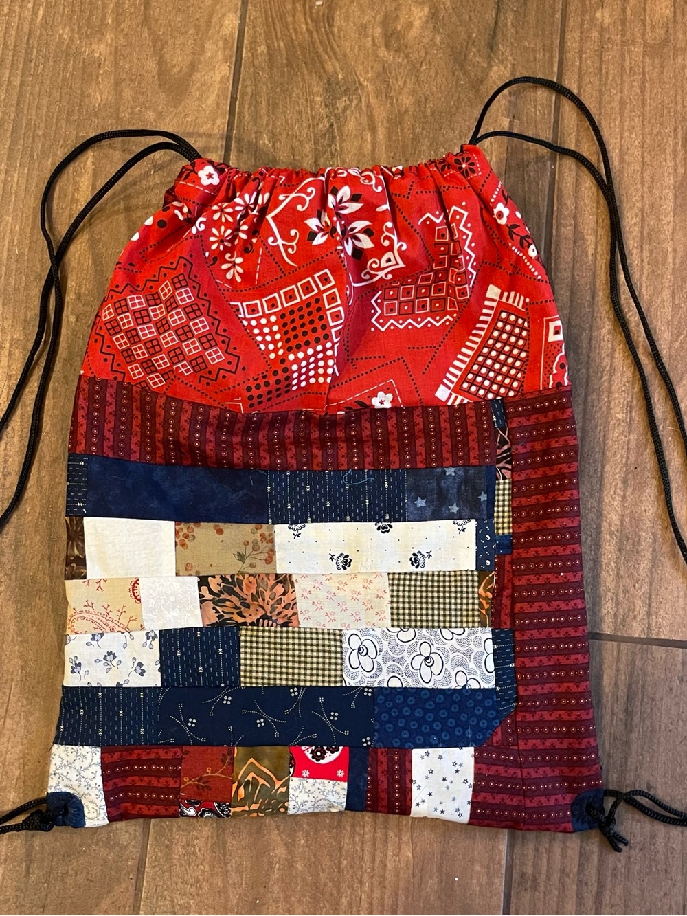 Handmade Patchwork Drawstring Backpack in Multicolor - Picture 3 of 5